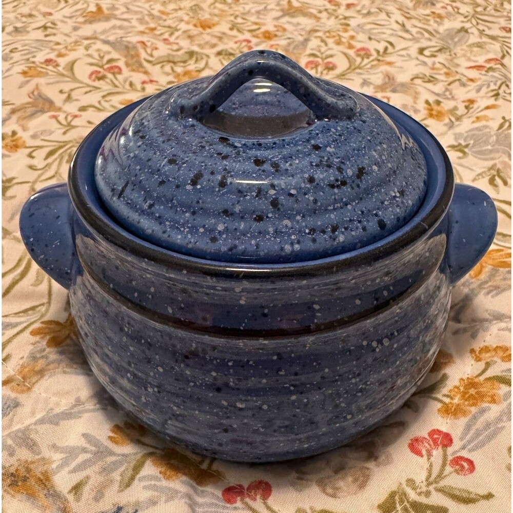 Jay Import China Small Round Ceramic Casserole Dish, Blue Speckled, With Lid